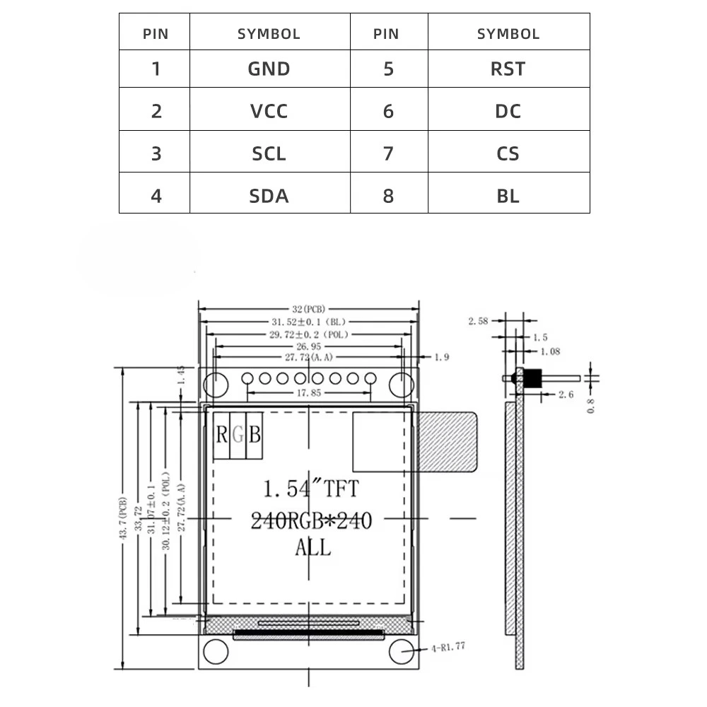 Pantalla TFT a todo Color Medidas